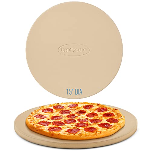 Unicook Pizza Stone for Grill Oven, 15 Inch Round Baking Stone, Heavy Duty Cordierite Bread Cooking Pan, Thermal Shock Resistant, Ideal for Making Crisp Crust Pizza, Bread and More, Includes Scraper - Image 1