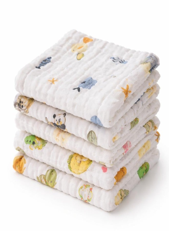 Firstblow Muslin 6 Layer 100% Organic Bamboo Cotton Face Towels for Newborn Baby Extra Soft Hankies Reusable Napkins for Infants Toddlers/Kids Random Print (Pack of 5) - Image 1