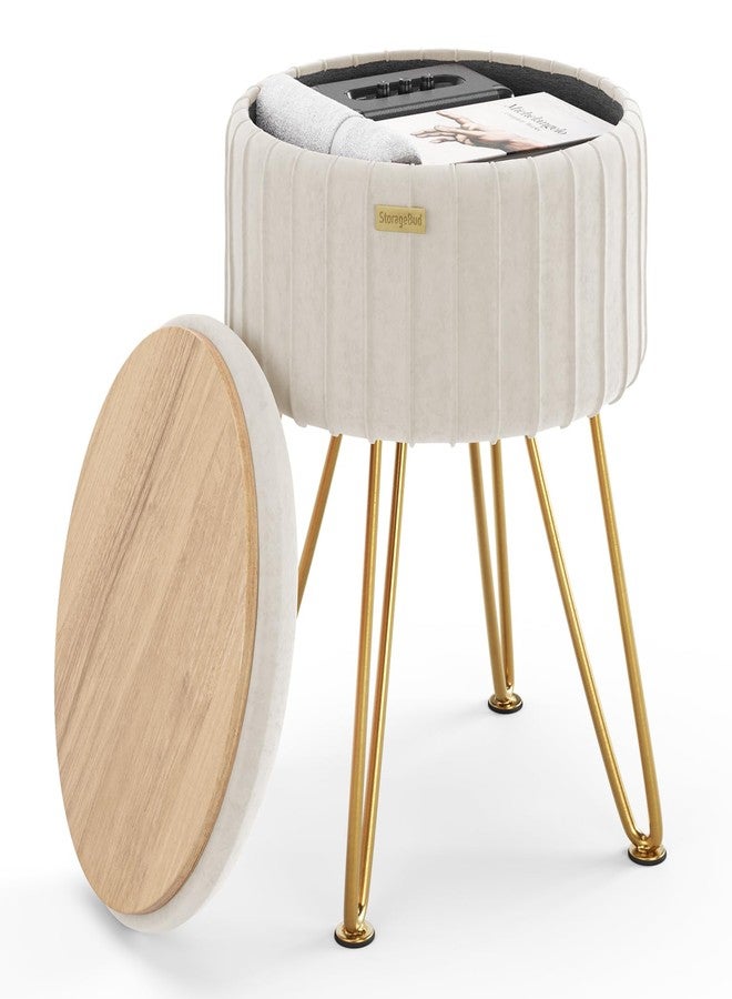 STORAGEBUD Round Ottoman with Storage, Pleated Velvet Storage Ottoman, Foot Stool Ottomans, Makeup Vanity Stool, Small Ottomans Foot Rest, Modern Vanity Stools for Living Room and Bedroom, Cream - Image 1