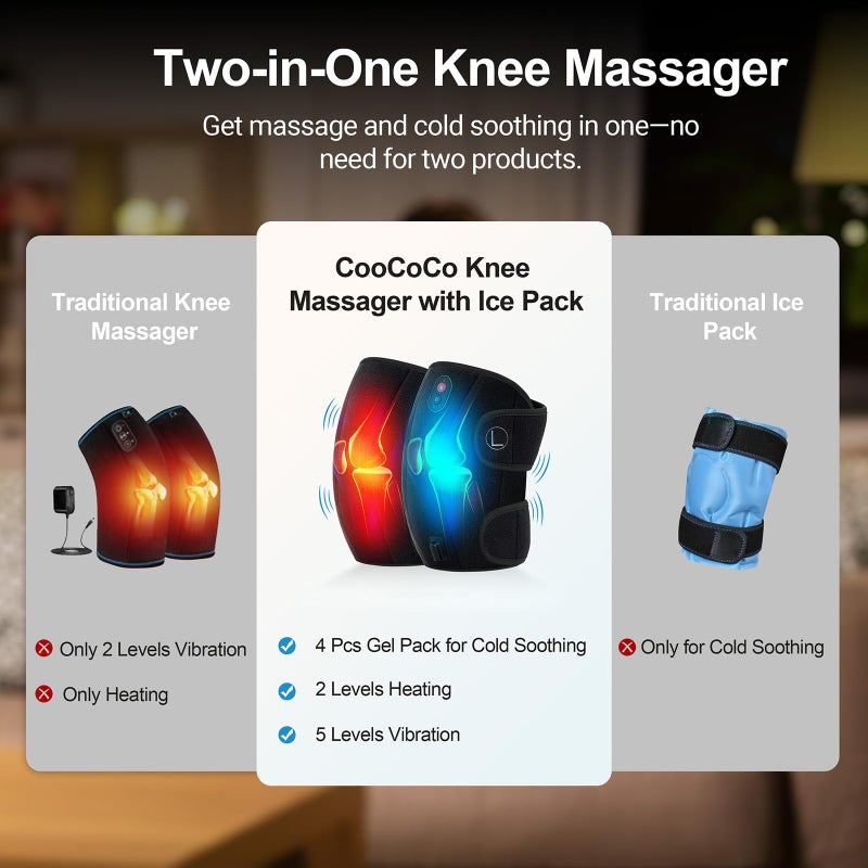 CooCoCo FSA Eligible HSA Knee Massager with Heat, Knee Pain Relief, Knee Heating Pad, Electric Heated Knee Brace with 2 Heating Levels, 5 Vibration Modes, 4pcs 5''x9'' Cold Packs - Image 2