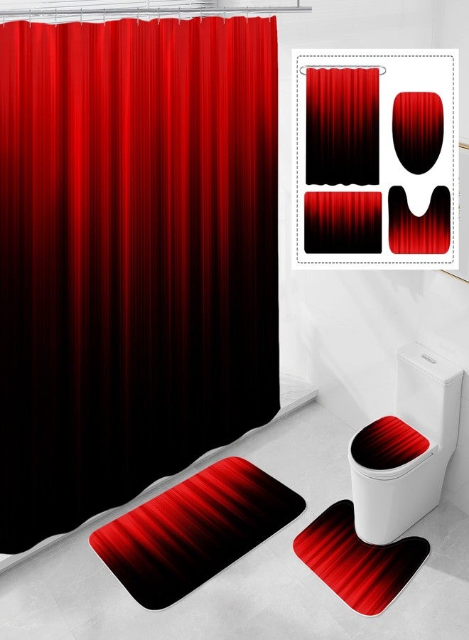 Litabel 4 Pcs Red and Black Gradient Shower Curtain Set with Rugs and Toilet Lid Cover, Modern Simple Waterproof Fabric Bathroom Set, Ombre Stripe Gothic Abstract Bathroom Decor Set Accessories - Image 1
