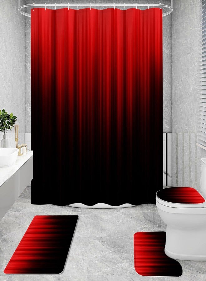 Litabel 4 Pcs Red and Black Gradient Shower Curtain Set with Rugs and Toilet Lid Cover, Modern Simple Waterproof Fabric Bathroom Set, Ombre Stripe Gothic Abstract Bathroom Decor Set Accessories - Image 2