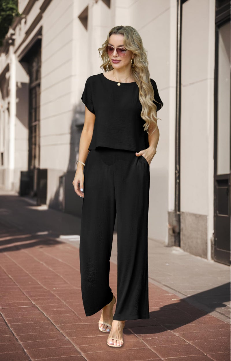 Lepunuo Women Summer 2 Piece Sets Cap Sleeve Crop Top Flowy Wide Leg Pants Matching Lounge Set Vacation Beach Travel Outfits - Image 3