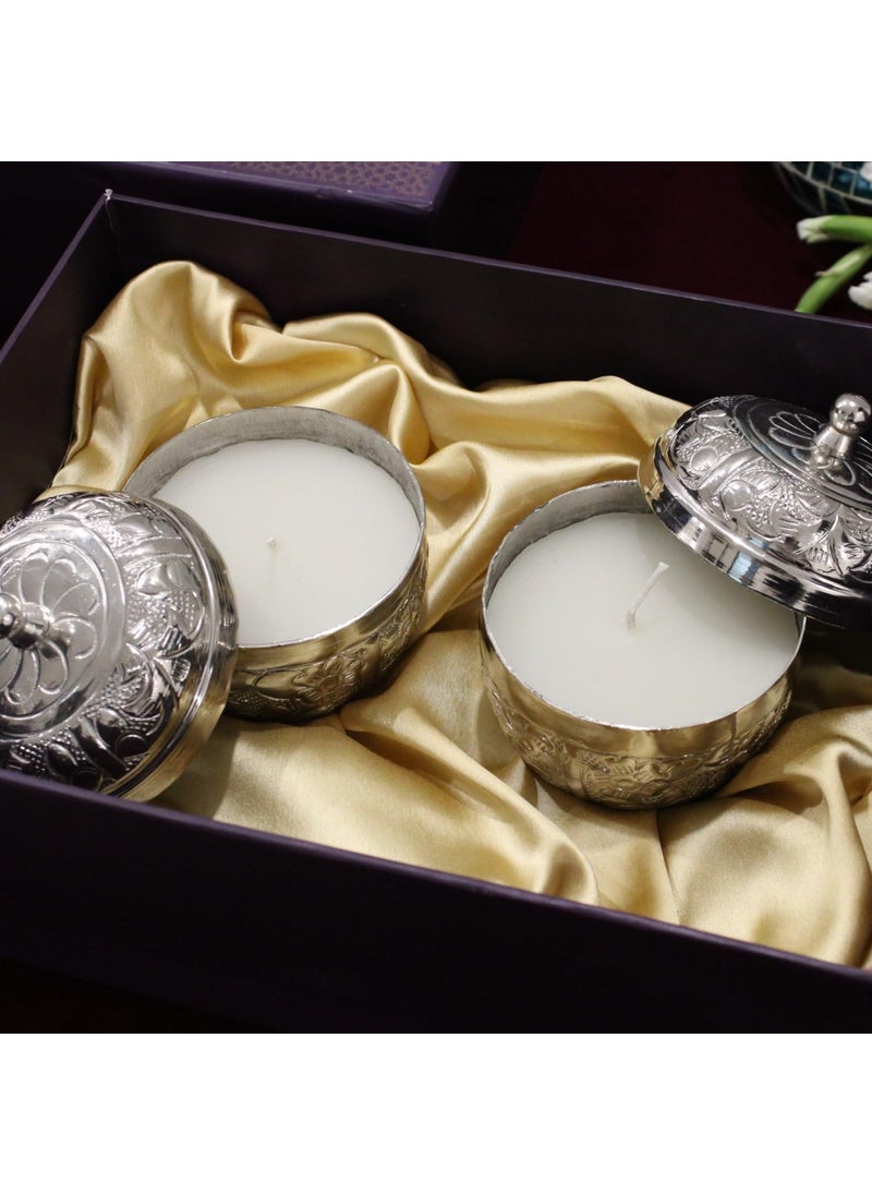 BIGWISHBOX Bigwishbox Chaandni Saath Luxury Gift Box 2 x Silver Plated Noor Bahaar Jasmine Candle with Lid Keepsake Box Medium Handwritten Note Card 
