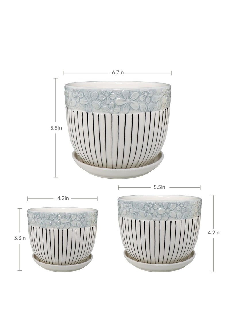 Modern Flower Texture Ceramic Plant Pots with Drainage Holes and Saucer Garden Planters Succulent Pots