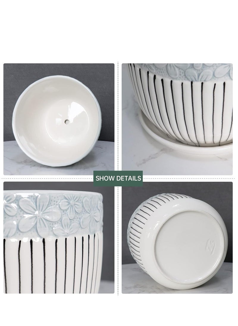 Modern Flower Texture Ceramic Plant Pots with Drainage Holes and Saucer Garden Planters Succulent Pots