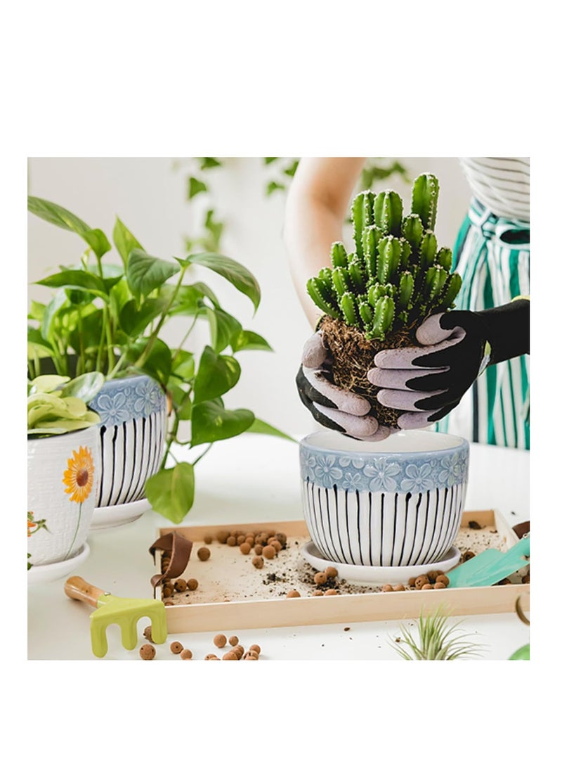 Modern Flower Texture Ceramic Plant Pots with Drainage Holes and Saucer Garden Planters Succulent Pots