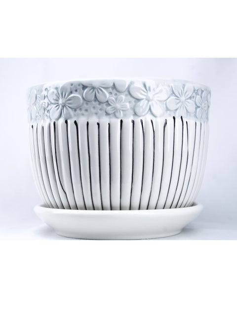 Modern Flower Texture Ceramic Plant Pots with Drainage Holes and Saucer Garden Planters Succulent Pots