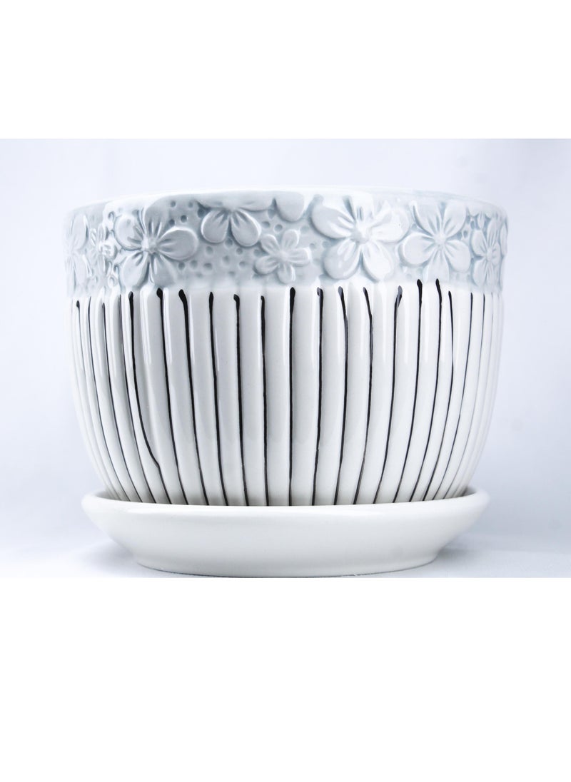 Modern Flower Texture Ceramic Plant Pots with Drainage Holes and Saucer Garden Planters Succulent Pots