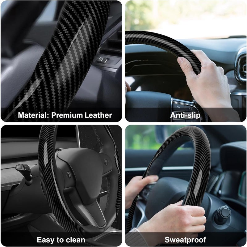 frani Leather Steering Wheel Cover, Universal 15 Inch Premium Non-Slip Steering Wheel Cover Black Carbon Fiber Texture Trendy natural tone options - Image 5