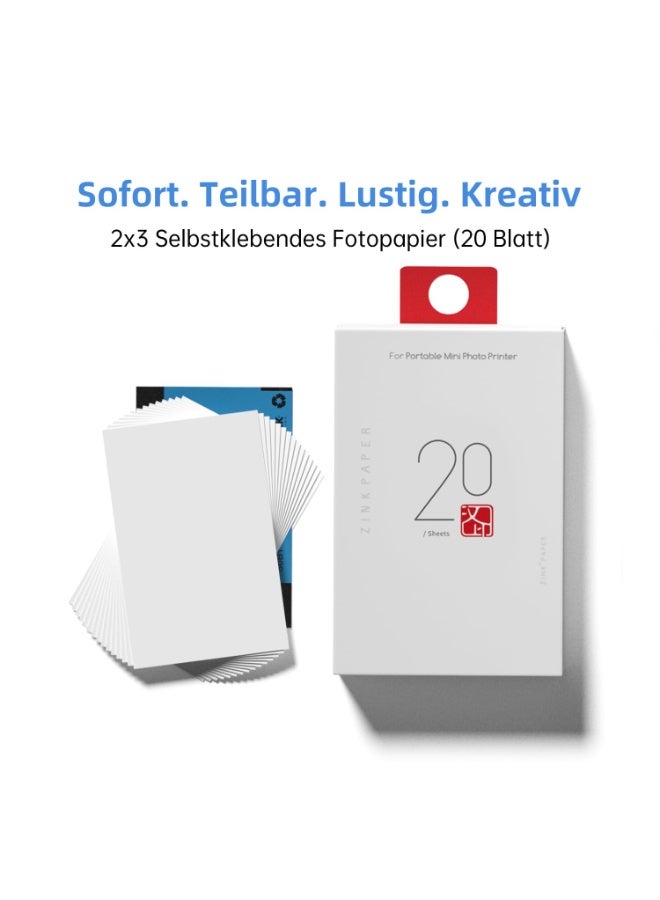 HPRT 2x3 Zink Photo Paper, Compatible with MT53 Z1, 20 Sheets Pocket Printer Paper, Sticky-Backed Instant Photo Paper, Waterproof Zero Ink Sheets for DIY Journals (White) - Image 2