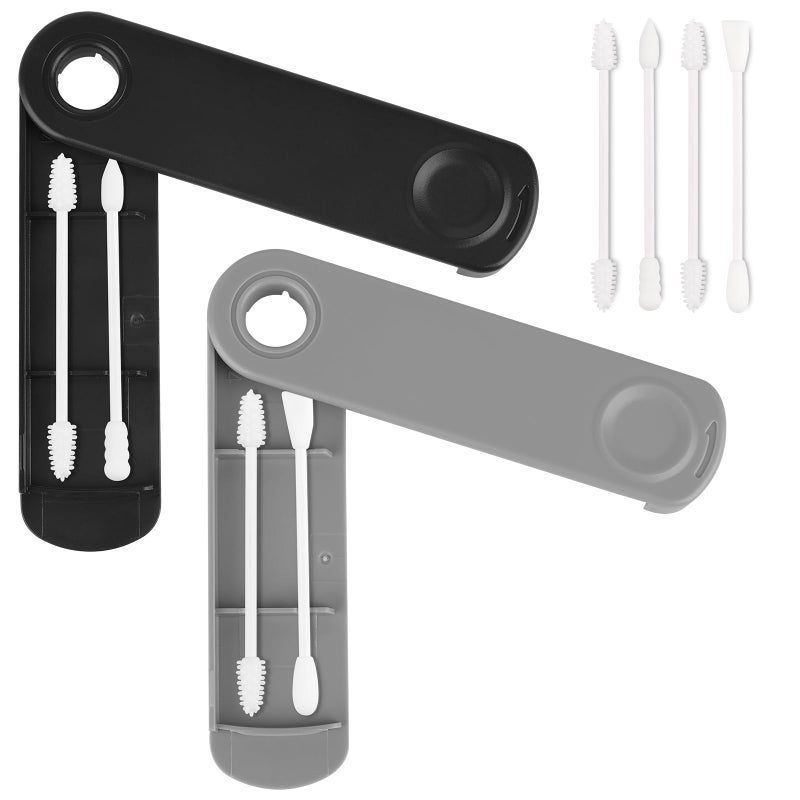 Reusable Cotton Swabs 4 Pcs Washable Portable Silicone Swab Double Tipped Silicone Cotton Buds for Makeup Ear Cleaning Beauty Treatment with 2 Dustproof Cases Black Grey
