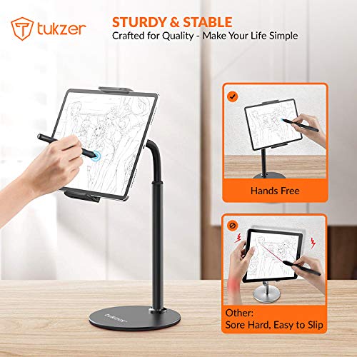 Tukzer Professional Desktop Tablet Stand Mobile Holder with Flexible Arm, 360° Swivel & Height Adjustament| Anti-Skid Sturdy & Heavy Metal Base for 4.7 to 11-Inch Tablet, iPad & Smartphone (Black) - Image 3
