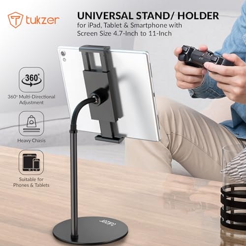 Tukzer Professional Desktop Tablet Stand Mobile Holder with Flexible Arm, 360° Swivel & Height Adjustament| Anti-Skid Sturdy & Heavy Metal Base for 4.7 to 11-Inch Tablet, iPad & Smartphone (Black) - Image 2