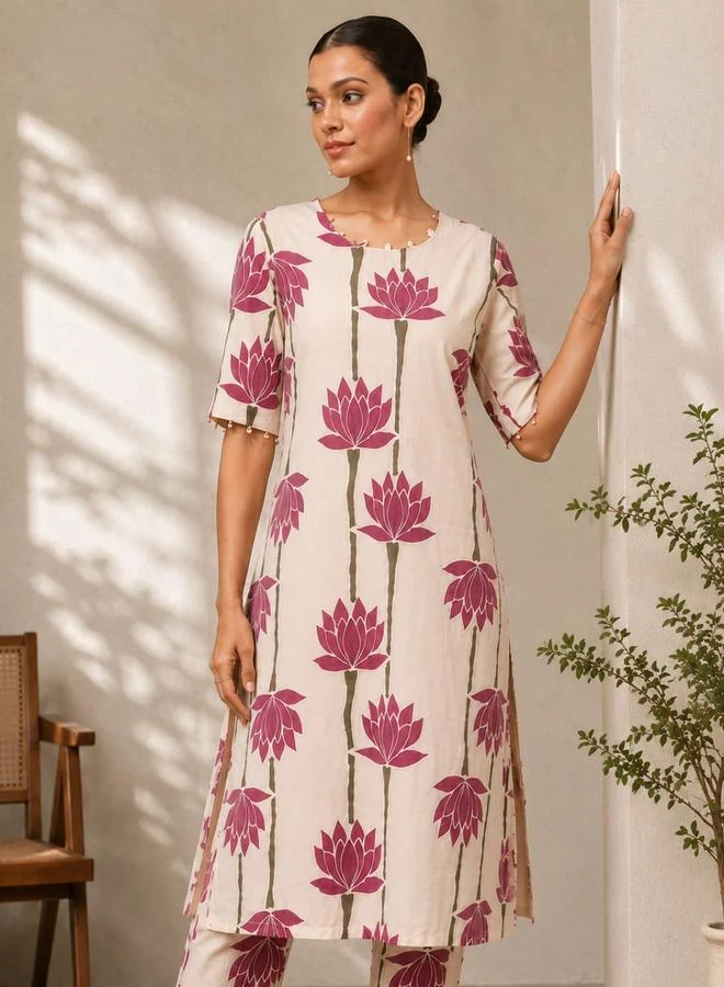 House Of Raeli White Floral Print Longline Kurta and Pants Ethnic Set