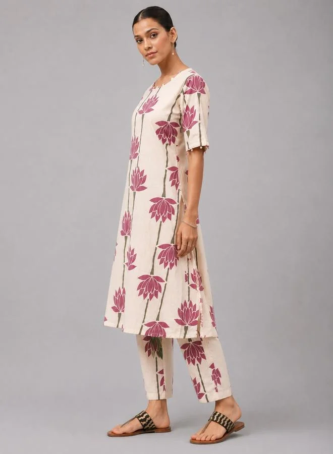 House Of Raeli White Floral Print Longline Kurta and Pants Ethnic Set