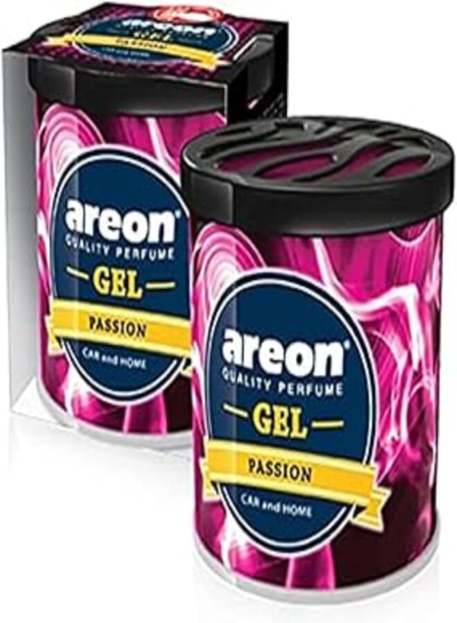 Areon gel freshener -gel scent phrase in a metal box in the form of a sweater - produced by the Bulgarian company Areon - with the smell of passion