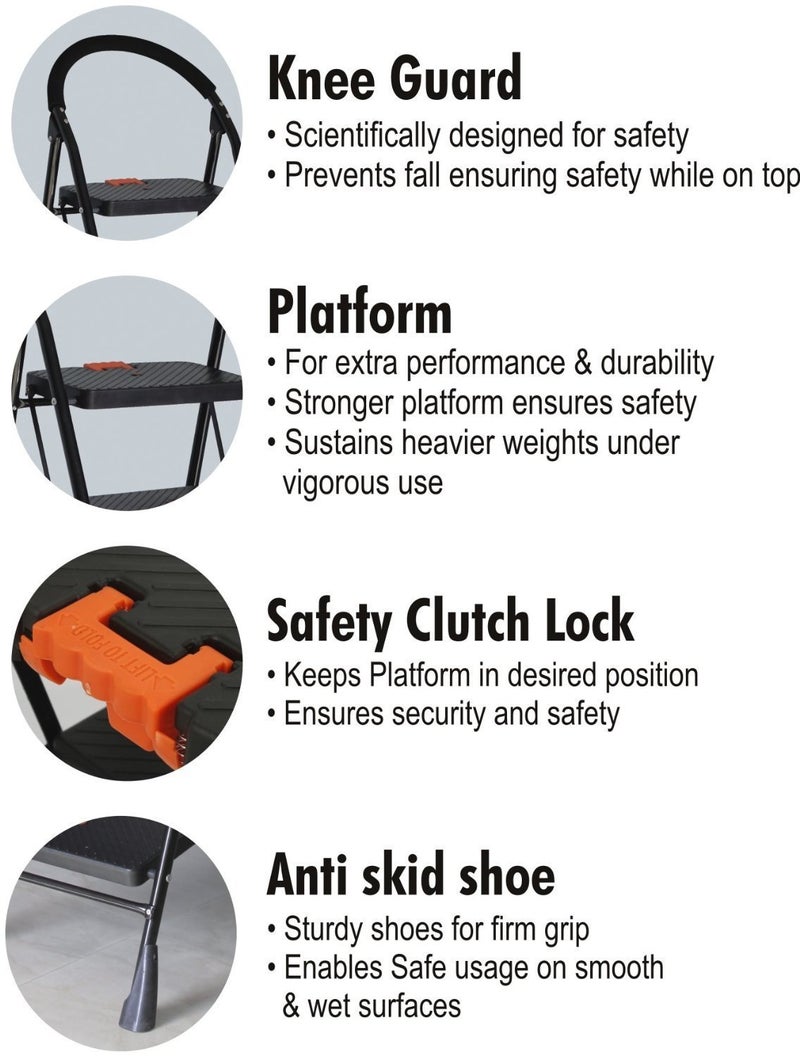 GRAZIA OBBO Multipurpose Metal Steel Frame Step Ladder Folding Ladder with Wide Steps Milano 6 Steps Safety Clutch Lock Knee Guard for Home, Offices, Shops, Kitchen and School Black - Image 3