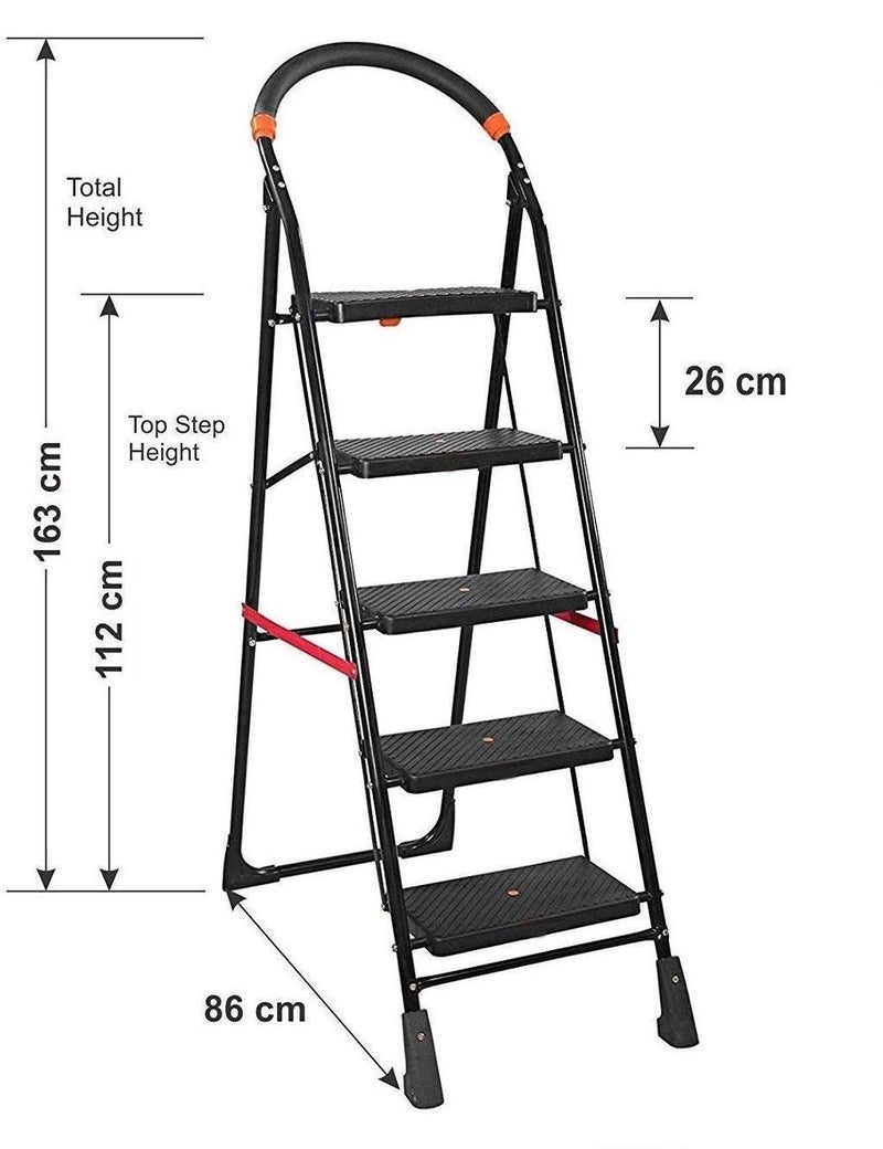 GRAZIA OBBO Multipurpose Metal Steel Frame Step Ladder Folding Ladder with Wide Steps Milano 6 Steps Safety Clutch Lock Knee Guard for Home, Offices, Shops, Kitchen and School Black - Image 4