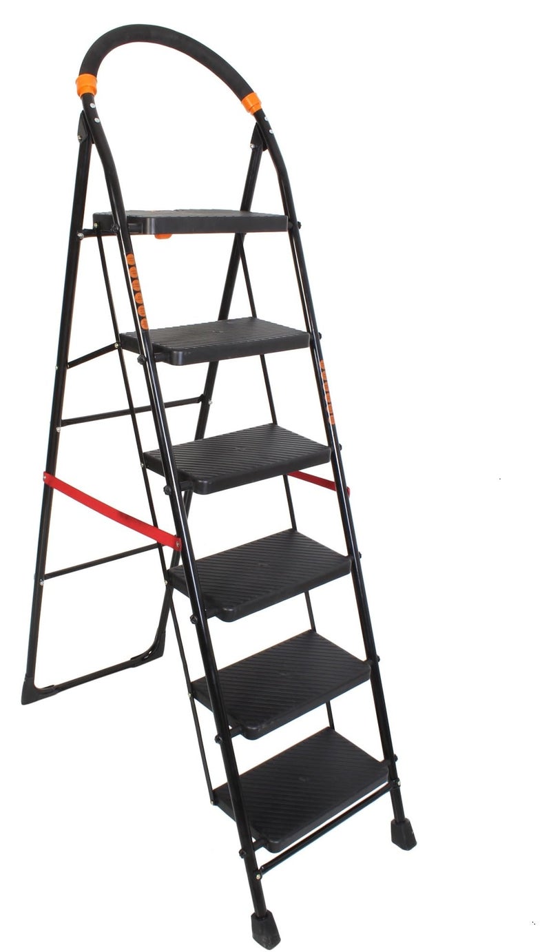 GRAZIA OBBO Multipurpose Metal Steel Frame Step Ladder Folding Ladder with Wide Steps Milano 6 Steps Safety Clutch Lock Knee Guard for Home, Offices, Shops, Kitchen and School Black - Image 1