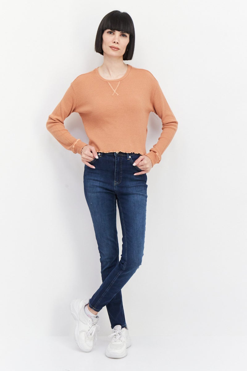 Billabong Women Round Neck Long Sleeve Textured Sweater, Brown - Image 3