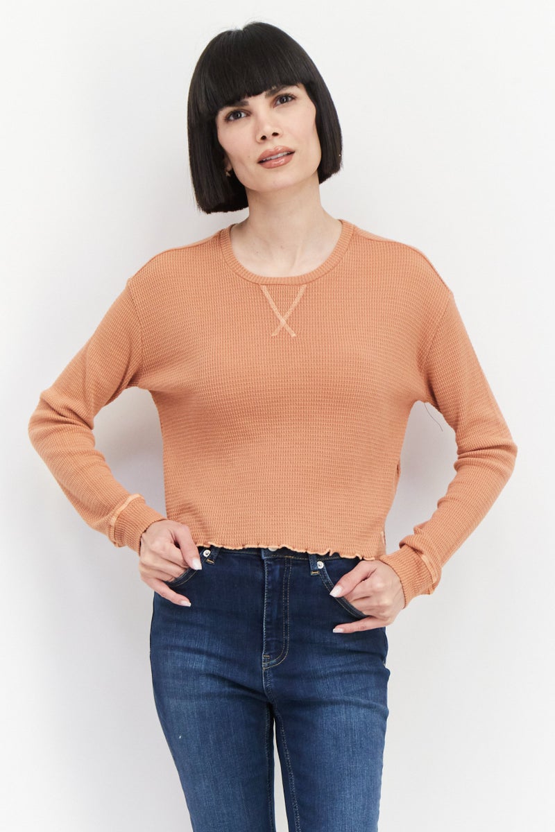 Billabong Women Round Neck Long Sleeve Textured Sweater, Brown - Image 1