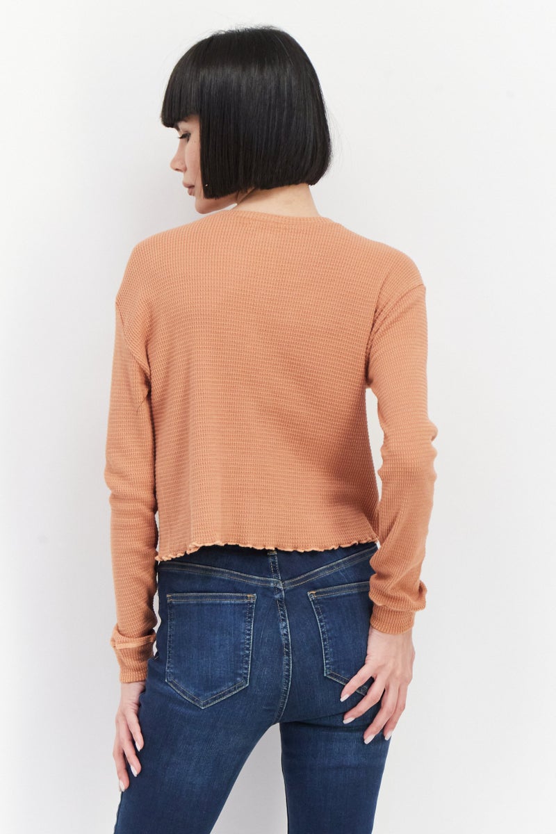 Billabong Women Round Neck Long Sleeve Textured Sweater, Brown - Image 4