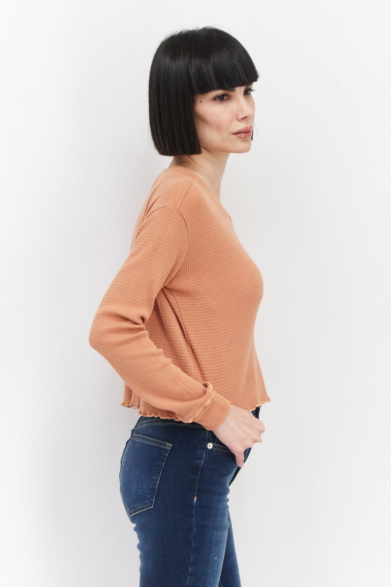 Billabong Women Round Neck Long Sleeve Textured Sweater, Brown - Image 2