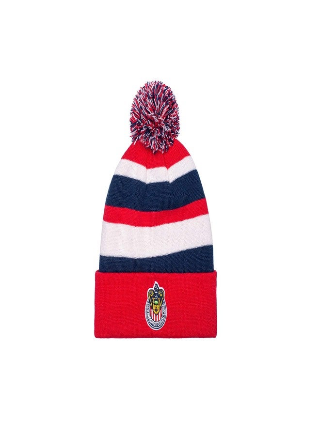 قبعة شتوية من Fan Ink Chivas، مرخصة رسميًا، قبعة كرة قدم محبوكة، شعار النادي مطرز، 100% أكريليك، مقاس واحد يناسب معظم الأحجام، أحمر وأبيض وكحلي - Image 1
