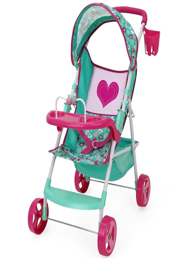 509 Crew: Mint Heart - Sarah Doll Stroller - Hot Pink & Green, Cup Holder, Tray Play, Storage Basket, Folding Accessory, Pretend Play Toy, Kids 3+ - Image 1
