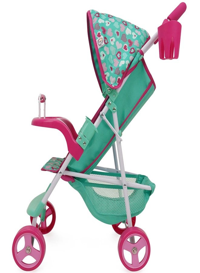 509 Crew: Mint Heart - Sarah Doll Stroller - Hot Pink & Green, Cup Holder, Tray Play, Storage Basket, Folding Accessory, Pretend Play Toy, Kids 3+ - Image 3