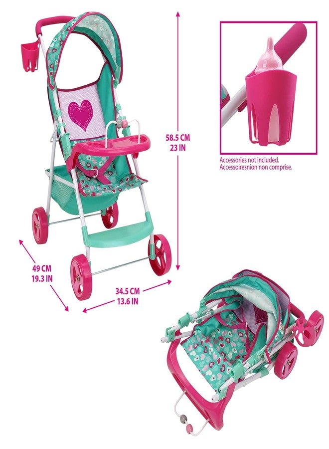 509 Crew: Mint Heart - Sarah Doll Stroller - Hot Pink & Green, Cup Holder, Tray Play, Storage Basket, Folding Accessory, Pretend Play Toy, Kids 3+ - Image 2