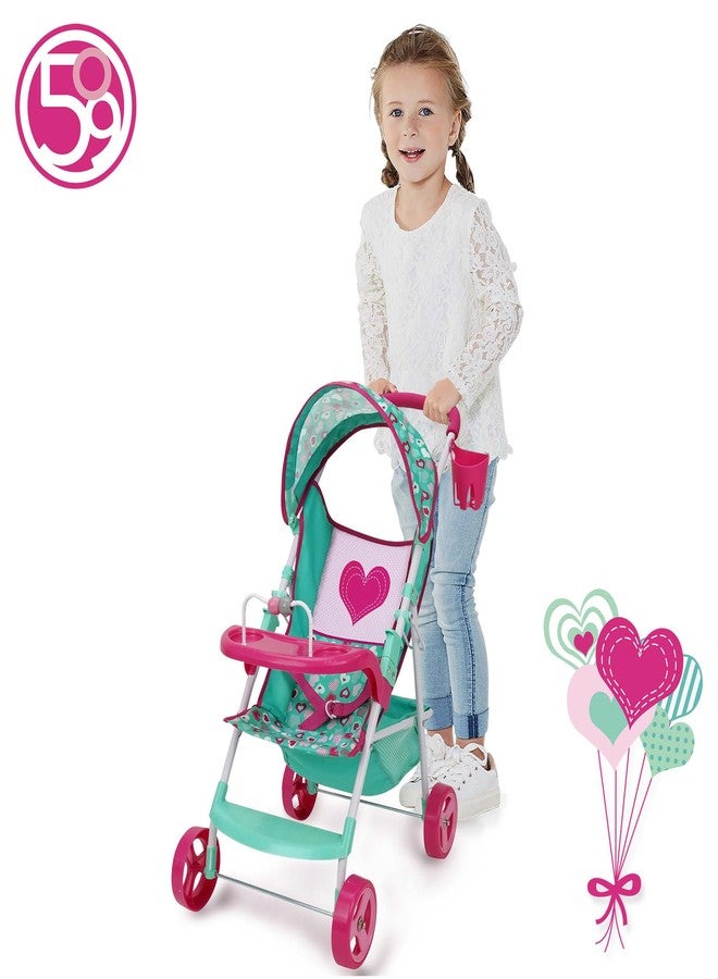509 Crew: Mint Heart - Sarah Doll Stroller - Hot Pink & Green, Cup Holder, Tray Play, Storage Basket, Folding Accessory, Pretend Play Toy, Kids 3+ - Image 5