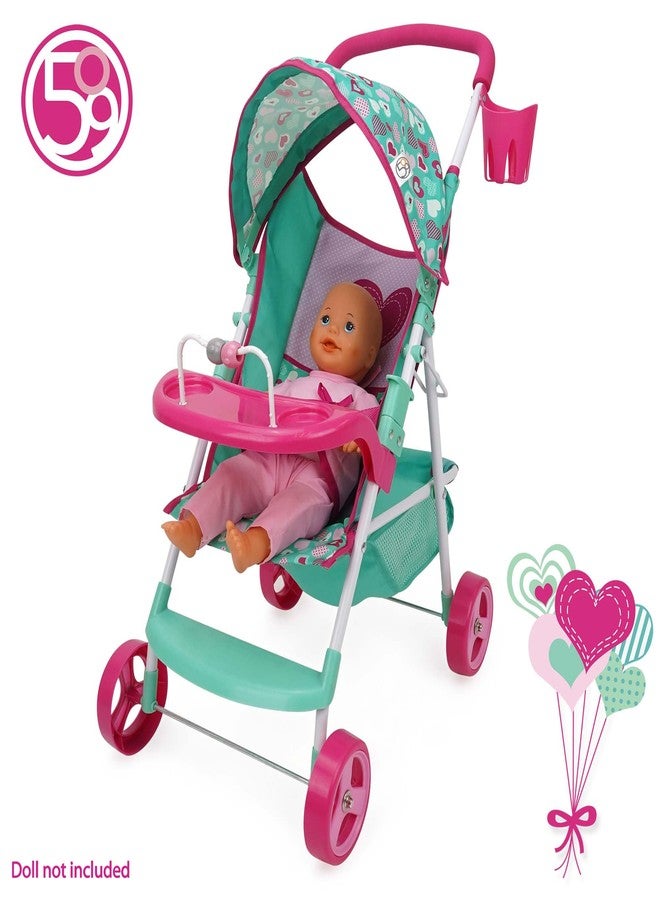 509 Crew: Mint Heart - Sarah Doll Stroller - Hot Pink & Green, Cup Holder, Tray Play, Storage Basket, Folding Accessory, Pretend Play Toy, Kids 3+ - Image 4