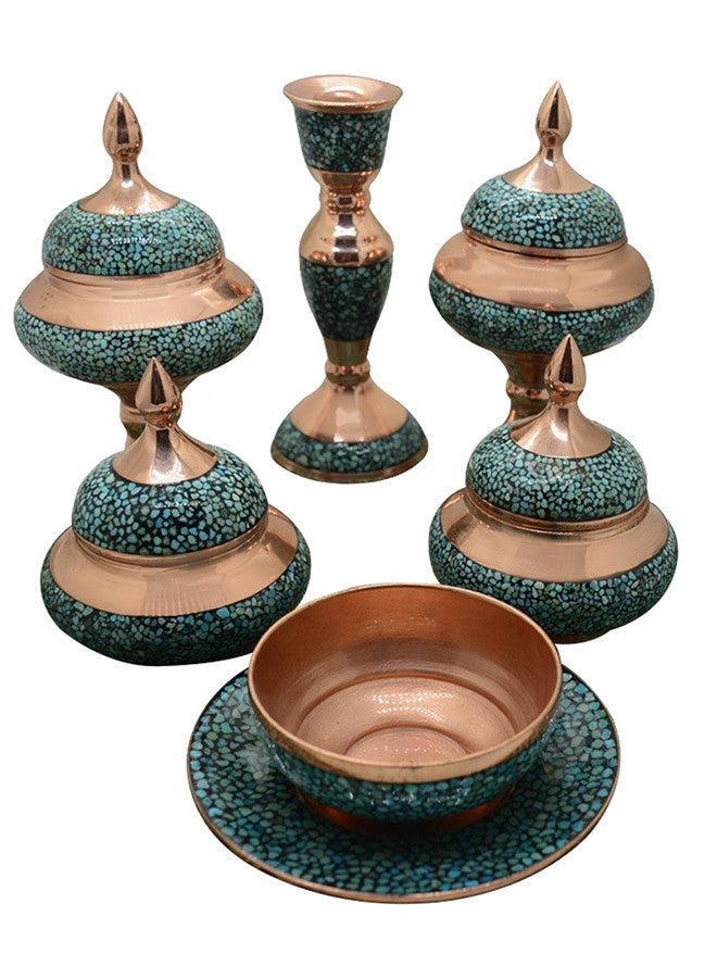 MARGOUN Handmade Persian Inlaid Turquoise Stone,Firooze Kobi Set Made of High Quality Copper Gold/Blue - Image 1