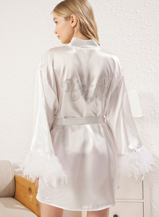 trendyol Bride White Belted Slogan Otrish Detail Satin Weave Dressing gown - Image 1