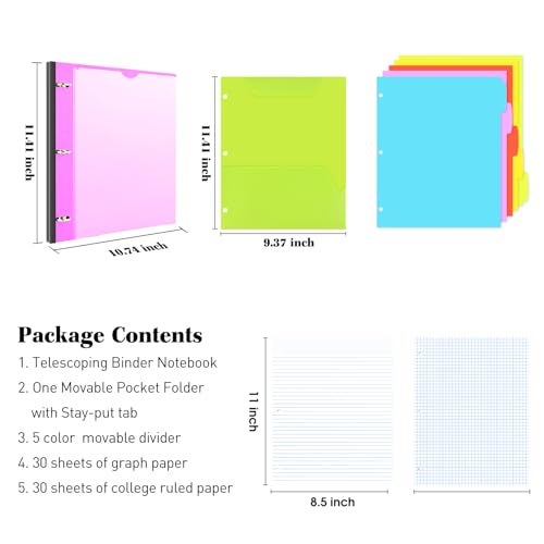 INFUN All-in-one Telescoping Binder Notebook, Refillable 3 Ring Notebook Binder with 1 Plastic Movable Pocket Folder,5 Plastic Subject dividers and Graph Paper and College Ruled Paper- Pink - Image 2