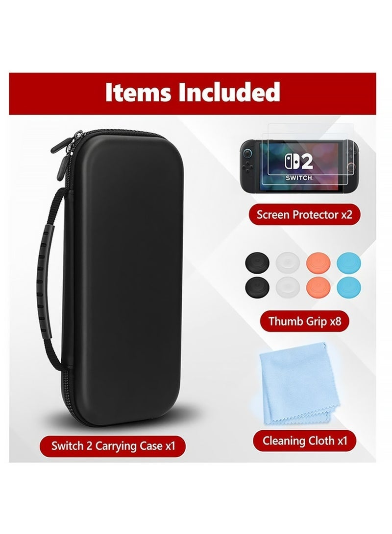 Carrying Case for Nintendo Switch 2 , 2Pcs Screen Protector and Accessories, Protective Hard Shell Portable Travel Carry Case Pouch holds 10 Cartridges with Pockets for Switch 2 Accessories and Games, Black - Image 2