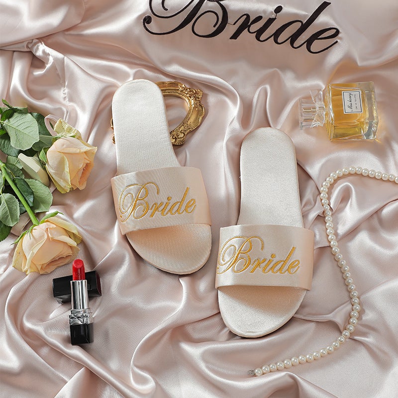 Embroidered New Wedding Bridesmaid Slippers Women'S Wedding Satin Red Slippers Wedding Bride Morning Gown Matching Shoes Women - Image 1