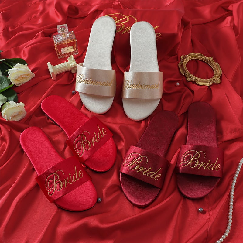 Embroidered New Wedding Bridesmaid Slippers Women'S Wedding Satin Red Slippers Wedding Bride Morning Gown Matching Shoes Women - Image 3
