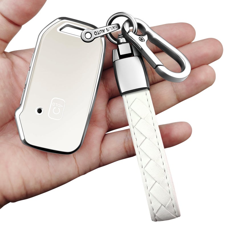 Sindeda for Kia Key Fob Cover,with Leather Keychain Protector Compatible with Cerato Ceed Forte NIRO Sorento Seltos Sportage Soul Telluride Remote/Smart Key,Key Fob Shell (White)