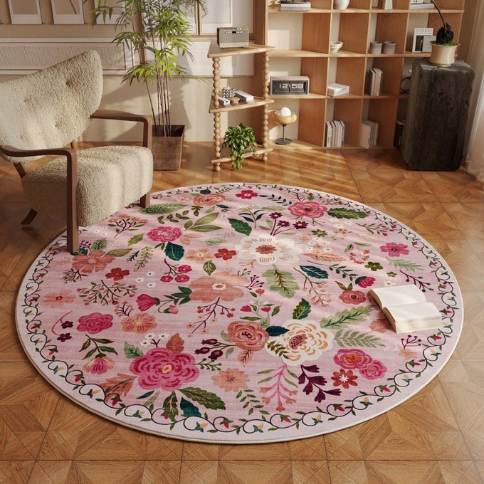 ROUND RUG 6FT WASHABLE CIRCLE RUG NON SLIP LOW PILE BOHO FLORAL SMALL CIRCULAR RUG FOR BEDROOM BATHROOM ENTRYWAY KIDS ROOM OFFICE COLLEGE DORMPINK
