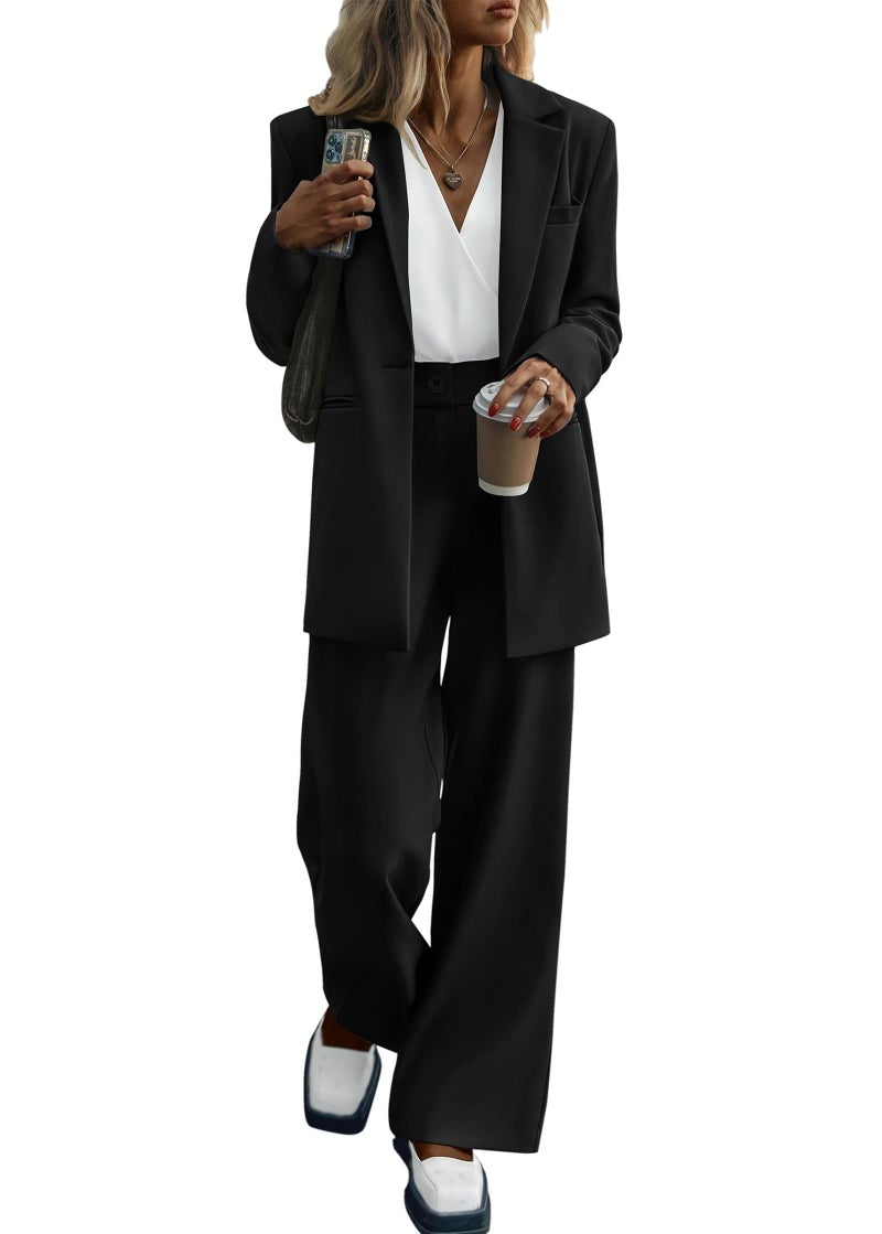 KIRUNDO Women Suits 2 Piece Set Business Casual Dressy Oversized Blazer Jacket and Wide Leg Dress Pantsuits Formal OutfitsBlack Medium