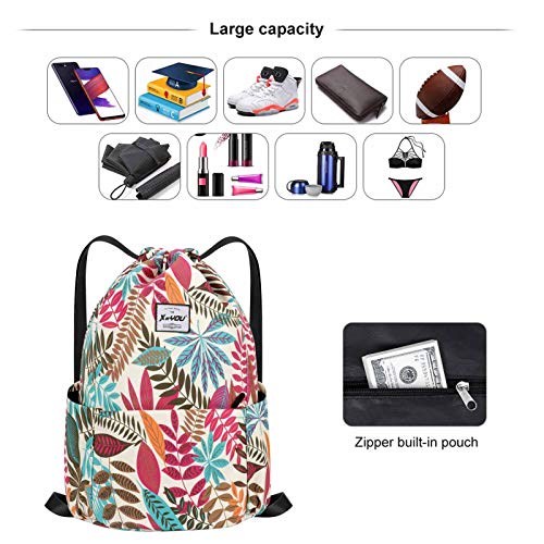 XEYOU Drawstring Sports Backpack Lightweight Gym Yoga Sackpack Shoulder Rucksack Casual Outdoor Daypack for Women and Men (Colorful Leaves Pattern) - Image 5