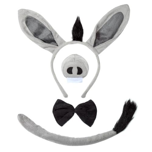 JIALWEN Donkey Costume Set Donkey Ears Headband Nose and Tail Bowtie Animal Kit Cosplay Party Decor Halloween Christmas Easter Dress Up Accessories - Image 1