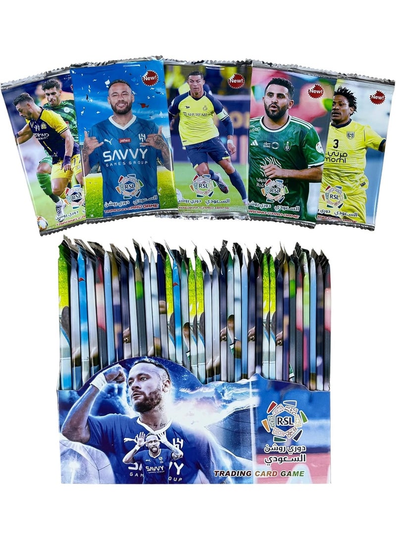 Player cards for the Saudi Roshan League, your favorite football game. Contains 36 packs, each pack containing 8 different cards, for a total of 288 cards. Various cards featuring exclusive images of football champions.