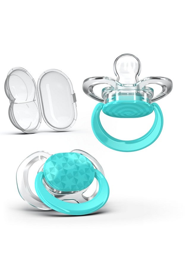 Smilo Baby Pacifier - 2 Pack of Slimline Pacifiers for Babies with Sterilization Box - Stage 1 for Babies 0-3 Months - 100% Silicone Newborn Pacifiers BPA Free - Aqua Blue - Image 1