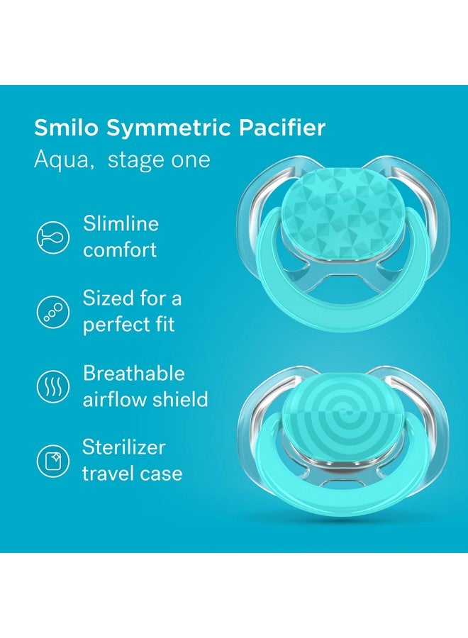 Smilo Baby Pacifier - 2 Pack of Slimline Pacifiers for Babies with Sterilization Box - Stage 1 for Babies 0-3 Months - 100% Silicone Newborn Pacifiers BPA Free - Aqua Blue - Image 2