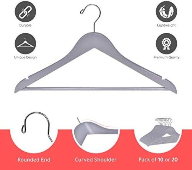 Quality Hangers شماعات خشبية عالية الجودة - طقم شماعات مقوسة قليلاً - شماعات معاطف من الخشب الصلب بخطافات كرومية أنيقة - شماعات متينة للملابس، والسترات، والقمصان، والسراويل، والبدلات (لون طبيعي، 10 قطع) - Image 5