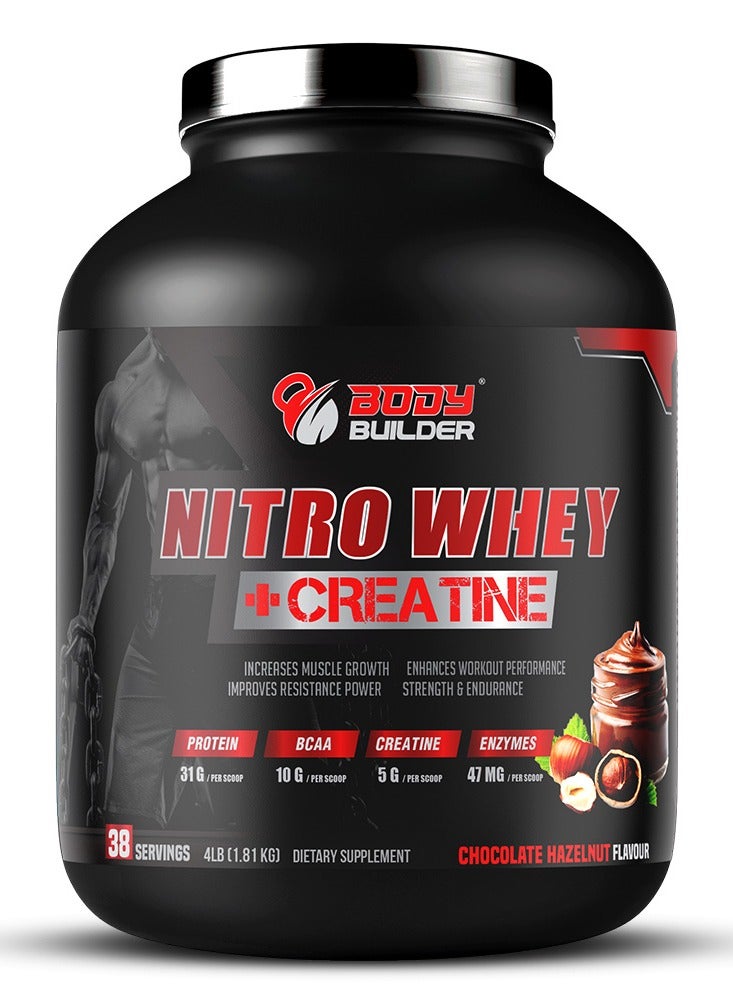 Body Builder Body Builder Nitro Whey Protein Plus Creatine, Blend Whey Protein Concentrated and Isolated,Contains Digestive Enzymes, Hazelnut Flavor, 4 Lbs